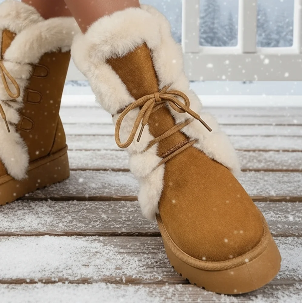 Faux Fur Platform Lace-up Winter Boots Plush Chunky Lug Vegan Suede Shoes